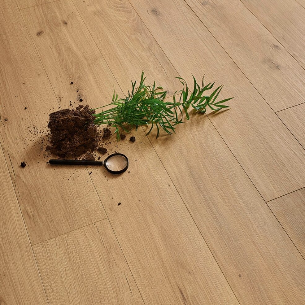 Detailbild eines JOKA Naturdesignbodens. Darauf liegt eine Pflanze ohne Topf und eine Lupe.
