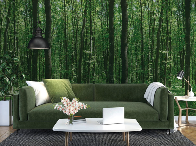 Nahaufnahme einer grünen JOKA Tapete mit Waldmotiv und einem Sofa davor.