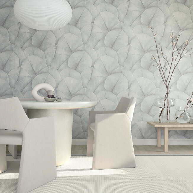 Modernes Büro mit weißen Möbeln und einem Hauch von Pantone Cloud an den Wänden.