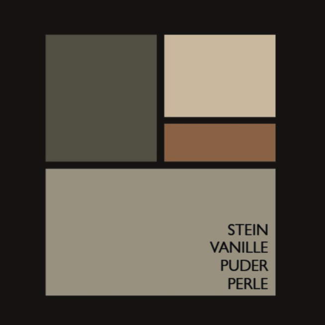 Farb- und Materialmusterkarte des JOKA Trend Monochrome mit Stein, Vanille, Puder und Perle