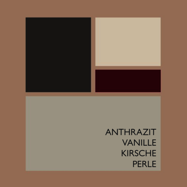 Farb- und Materialmusterkarte des JOKA Trendd Federleicht mit Anthrazit, Vanille, Kirsche und Perle