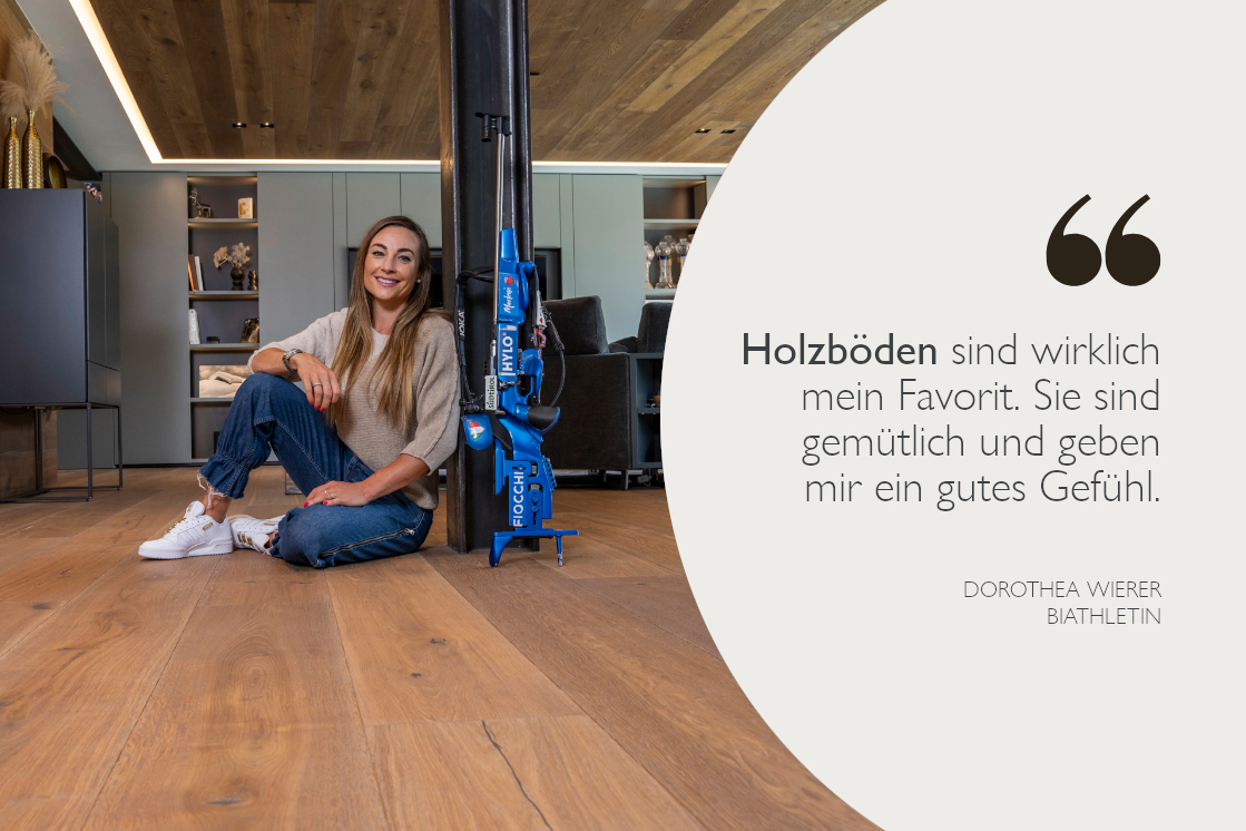 Ein modernes Wohnambiente mit Holzboden. Das Zitat eines Sportlers betont die Natürlichkeit und Behaglichkeit der JOKA Böden in einem weißen Kreis.