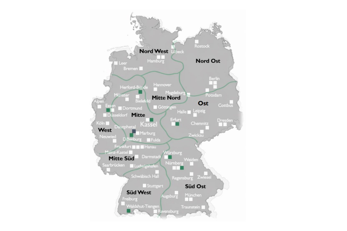 Key Account Management Karte mit Aufteilung der Gebiete in Deutschland