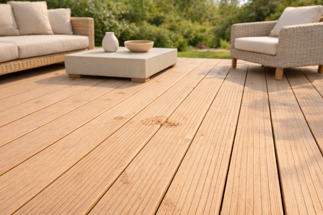 Detailbild einer Terrasse mit Fokus auf den hellen WPC Dielen von Jordan.