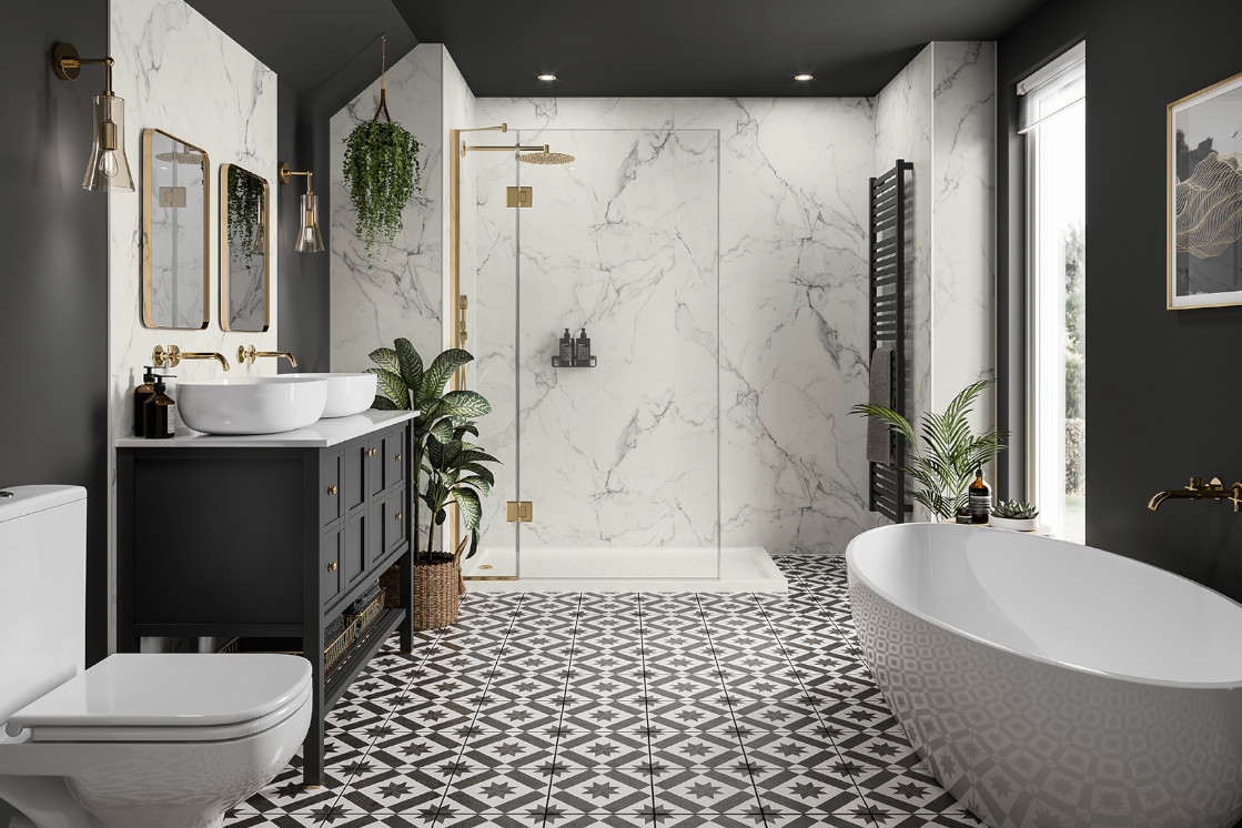 Stilvolles Badezimmer in dunkler Farbwelt mit Mosaikfliesen und begehbarer Dusche – moderner JOKA SpaSense Look mit Kontrasten.