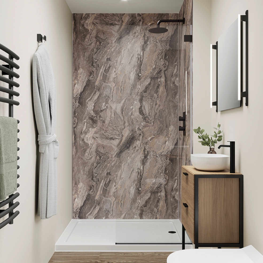 Modernes Badezimmer mit hellen Holz- und Steinoptik-Elementen sowie begehbarer Dusche – SpaSense-Design von JOKA für entspannte Momente.