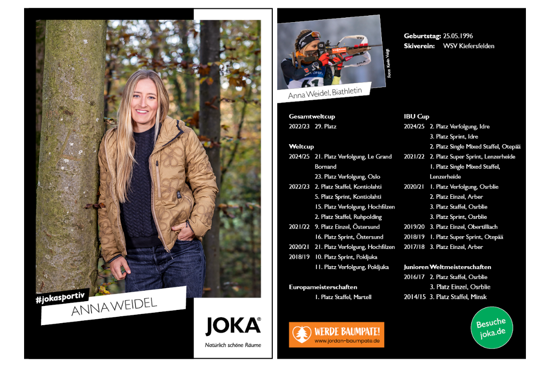 Autogrammkarte von Anna Weidl, mit Portraitfoto im Wald und sportlicher Biografie auf schwarzem Hintergrund.