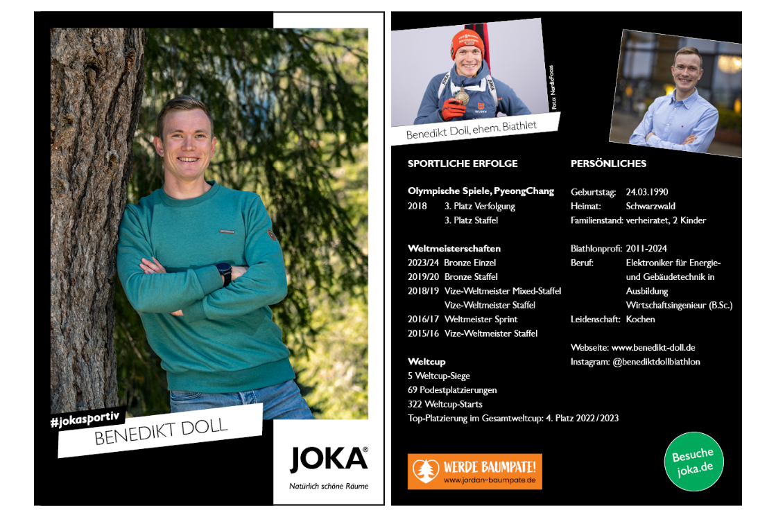 Autogrammkarte von Benedikt Doll, Portraitbild mit sportlicher Biathlon-Karriereübersicht.