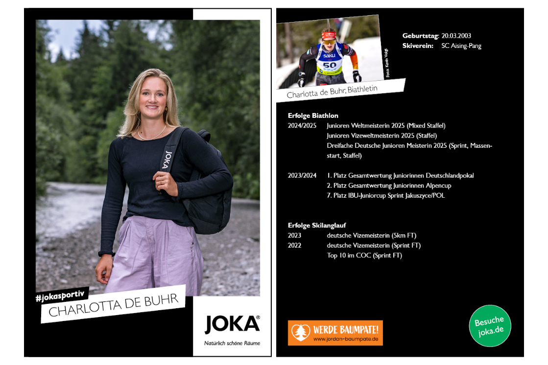 Autogrammkarte von Lotta de Buhr, Portraitaufnahme im Freien mit Leistungsübersicht.