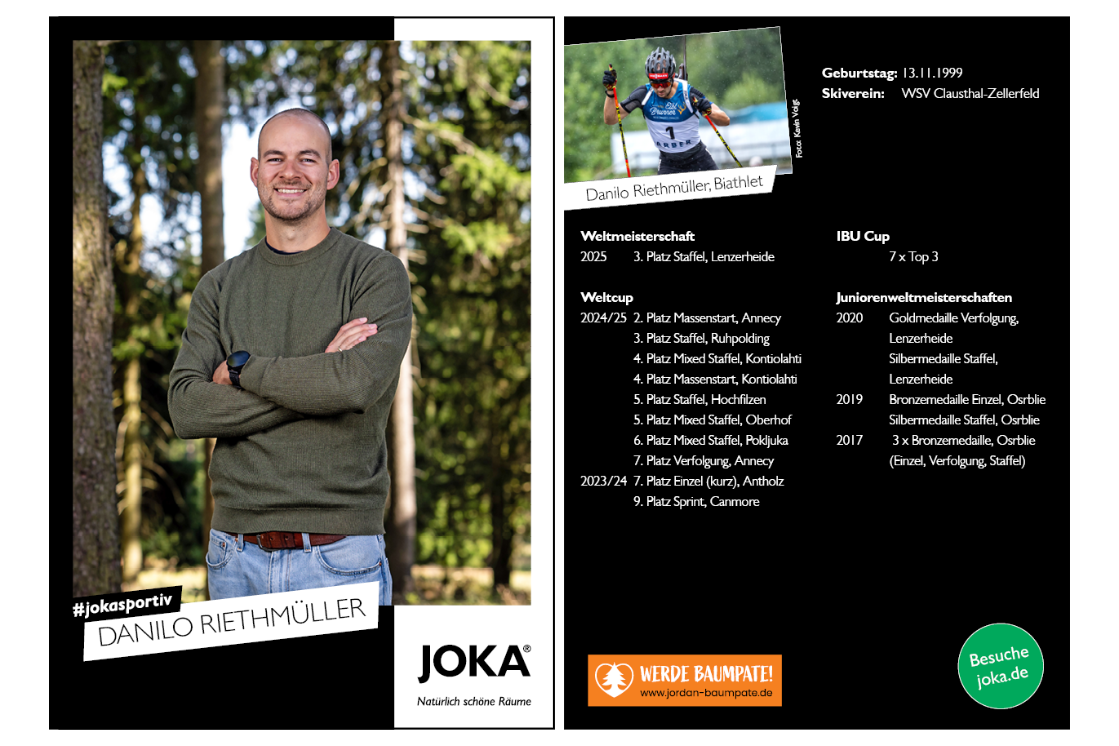 Autogrammkarte von Danilo Riethmüller, Portraitaufnahme mit Biografie und sportlicher Übersicht.