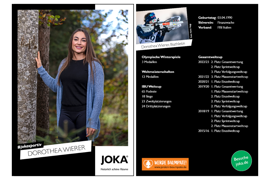 Autogrammkarte von Dorothea Wierer, Portraitbild mit Karriere- und Leistungsdaten.