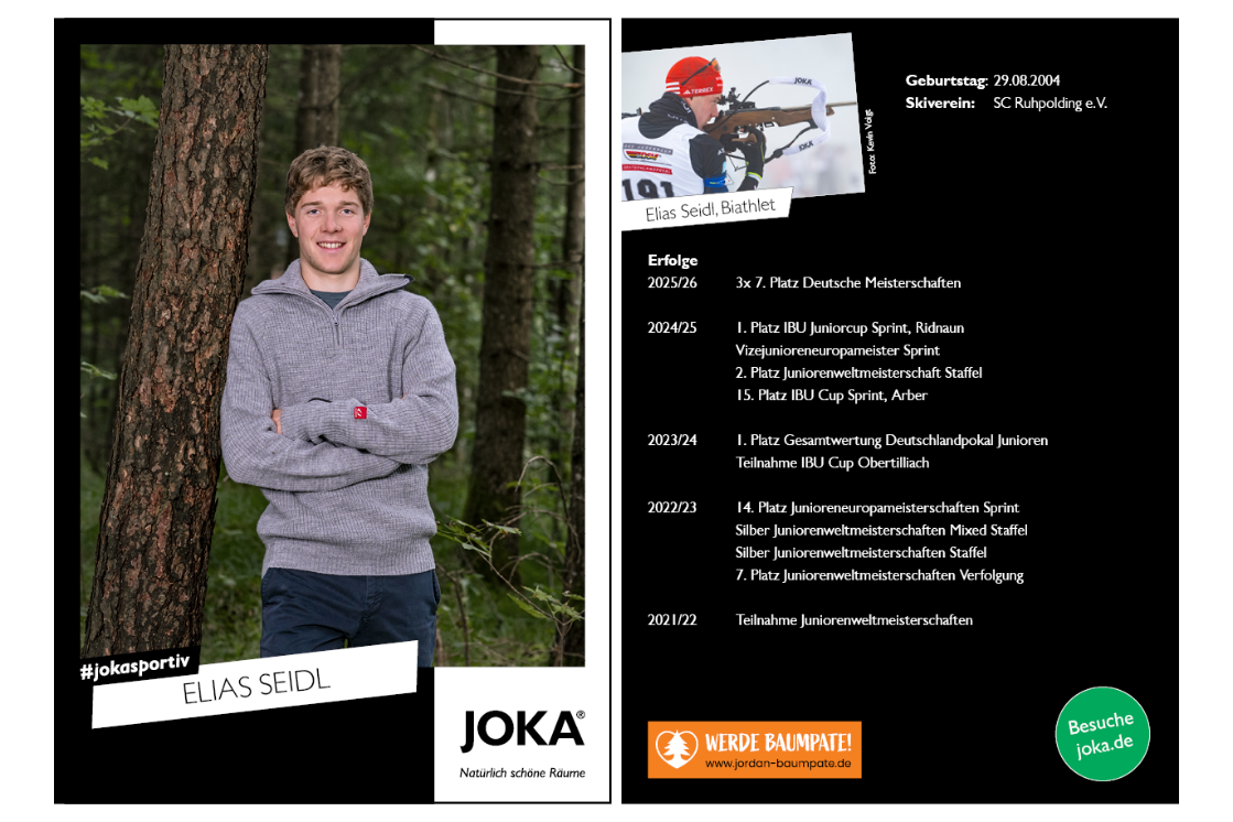 Autogrammkarte von Elias Seidl, Portrait im Wald mit Infos zu Biathlon-Karriere und Erfolgen.