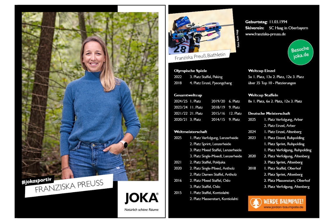 Autogrammkarte von Franziska Preuss, Foto im Freien mit Biathlon-Karriereinfos.