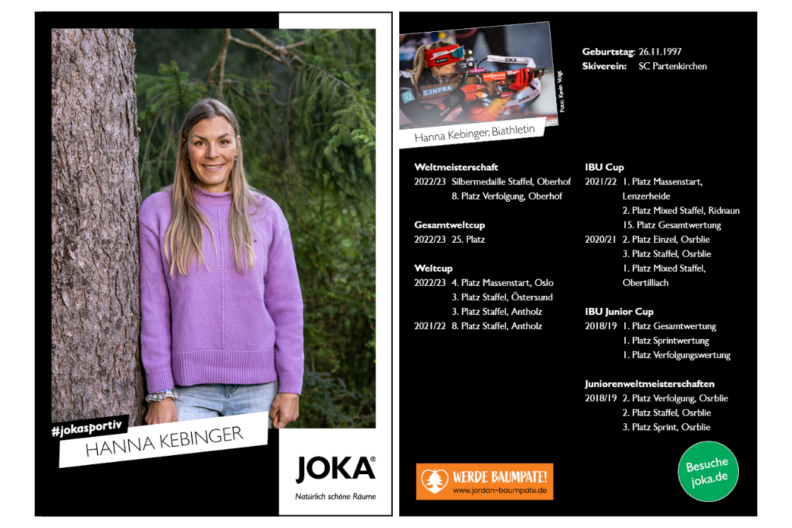 Autogrammkarte von Hanna Kebinger, Portraitaufnahme im Freien mit Biathlon-Biografie.