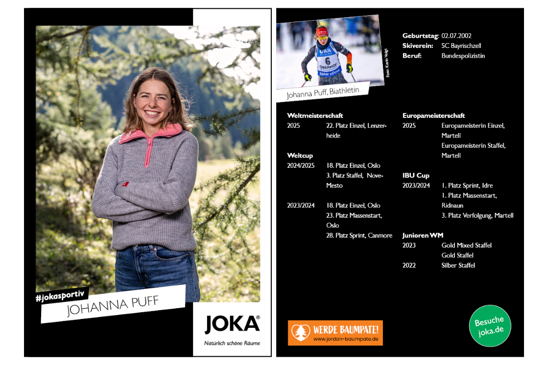 Autogrammkarte von Johanna Puff, Portraitbild und sportliche Informationen zur Biathlon-Karriere.