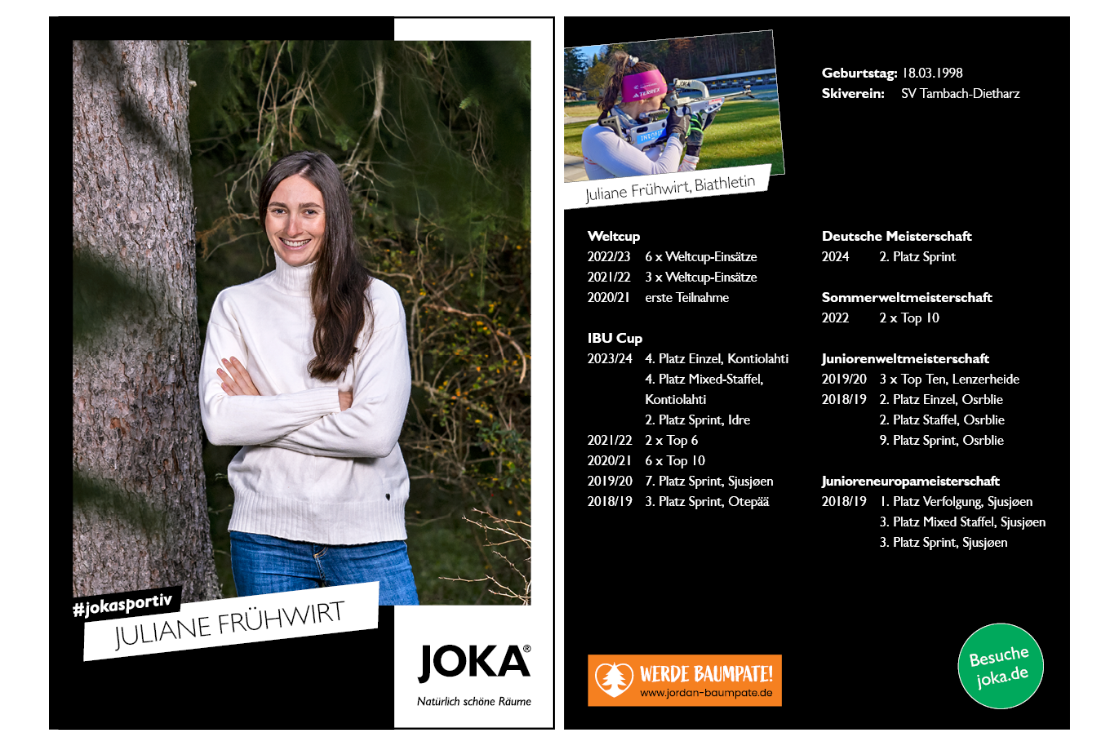 Autogrammkarte von Juliane Frühwirt, Portrait vor natürlicher Kulisse und Daten zu ihrer Biathlon-Laufbahn.
