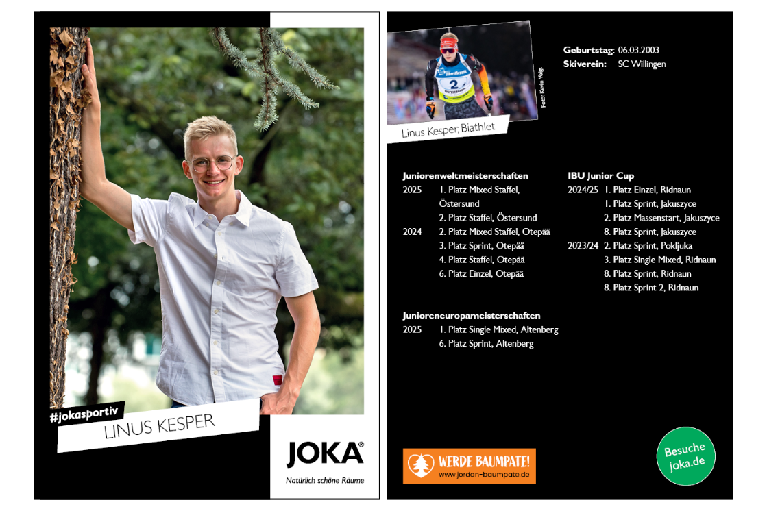 Autogrammkarte von Linus Kesper, Portraitaufnahme vor Bäumen mit Leistungsdaten und Infos.
