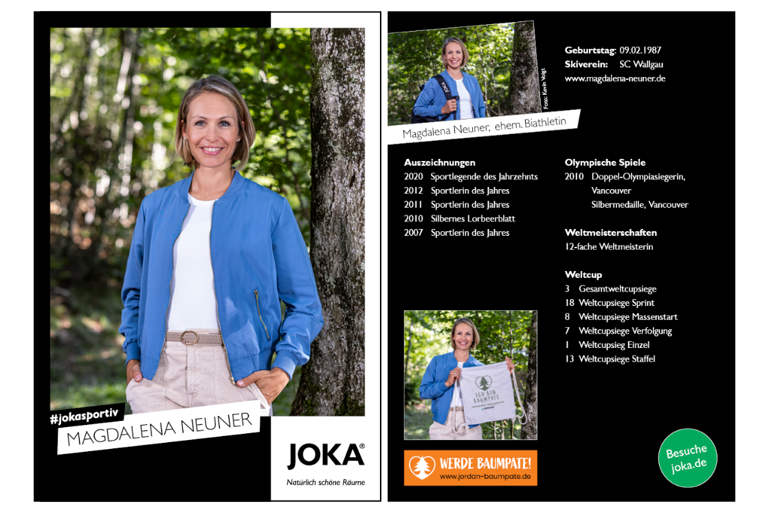 Autogrammkarte von Magdalena Neuner, Portraitaufnahme mit Daten zu ihrer Laufbahn.