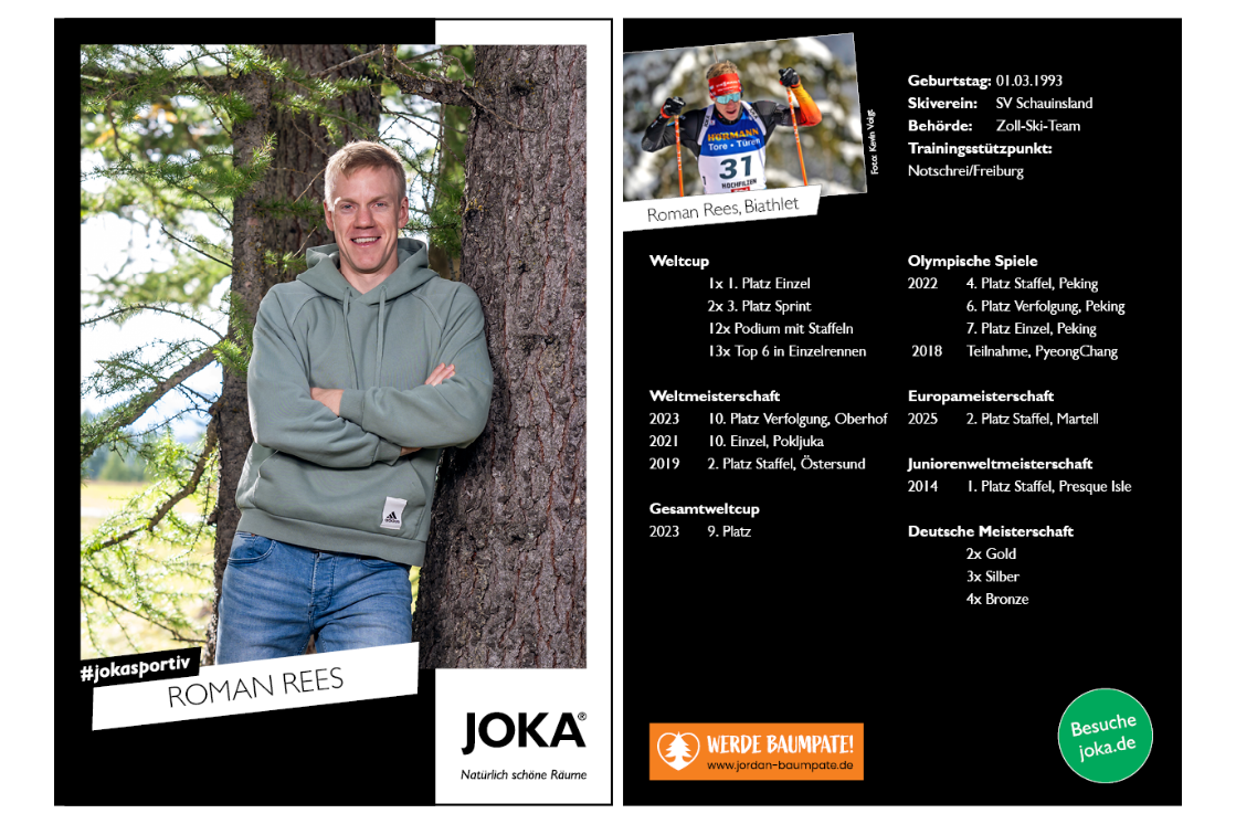 Autogrammkarte von Roman Rees, Portrait im Freien mit Biathlon-Hintergrundinfos auf der rechten Seite.