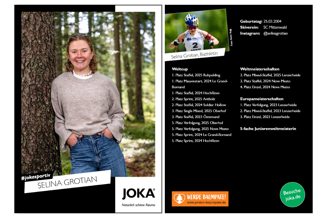 Autogrammkarte von Selina Grotian, Portraitaufnahme mit Biografie und sportlicher Übersicht.