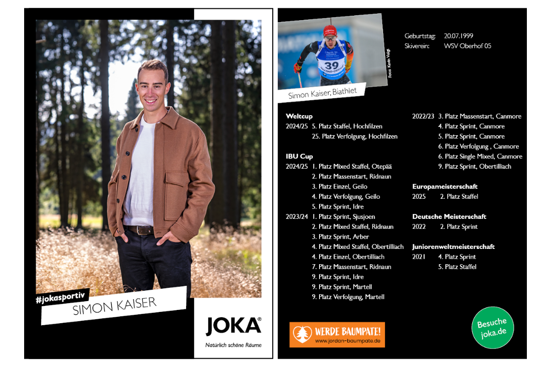 Autogrammkarte von Simon Kaiser, Portraitfoto und Biografie mit sportlichen Erfolgen.
