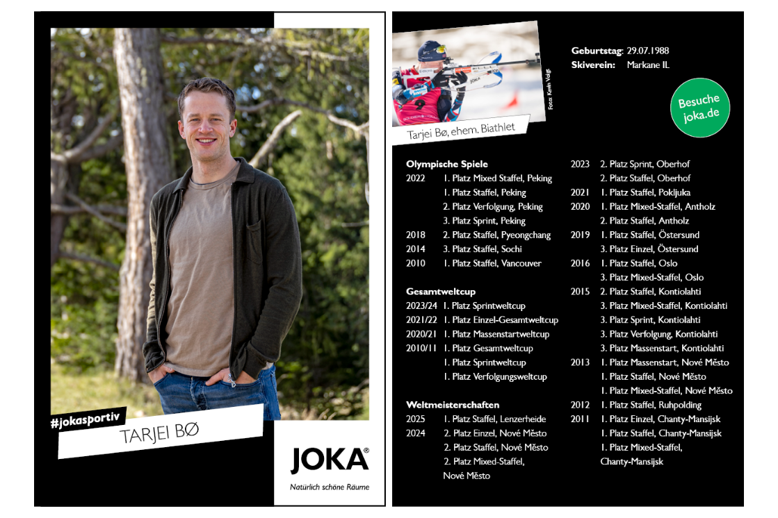 Autogrammkarte von Tarjei Boe, Portraitaufnahme im Wald mit Infos zur Sportkarriere.